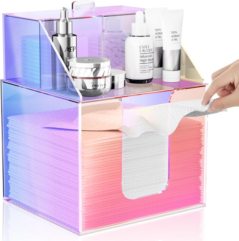 TAINESS Disposable Facial Towels Storage Box Compatible with Clean Skin Club Clean Towel XL - Cotton Pads - Swabs Upgraded Double Layer Acrylic Storage Container Face Towel Holder (Glossy Rainbow) - Image 1
